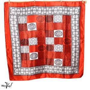 Vintage Satin Scarf in Dramatic Red White Black Geometric Square 36x36 - Hey Viv